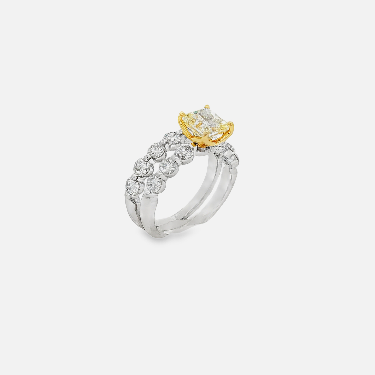 one-of-a-kind-18k-white-gold-ring-and-band-with-1-51-radiant-vvs2-fancy-yellow-diamond-and-13-stones-1-49ct