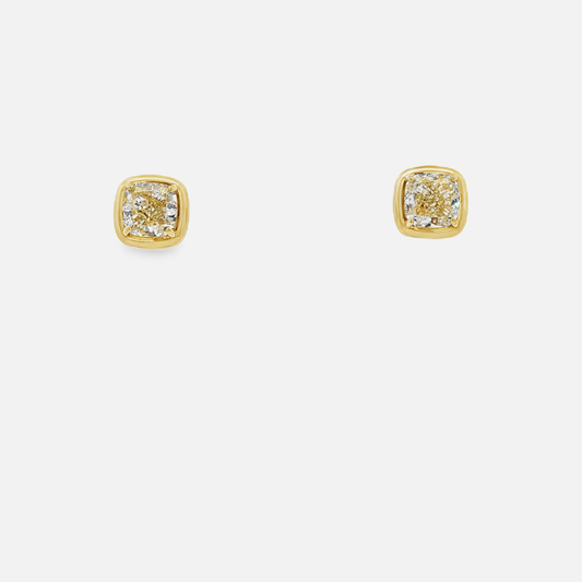 Gold Stud Earrings with 4CT total weight Cushion Cut Fancy Yellow Diamonds