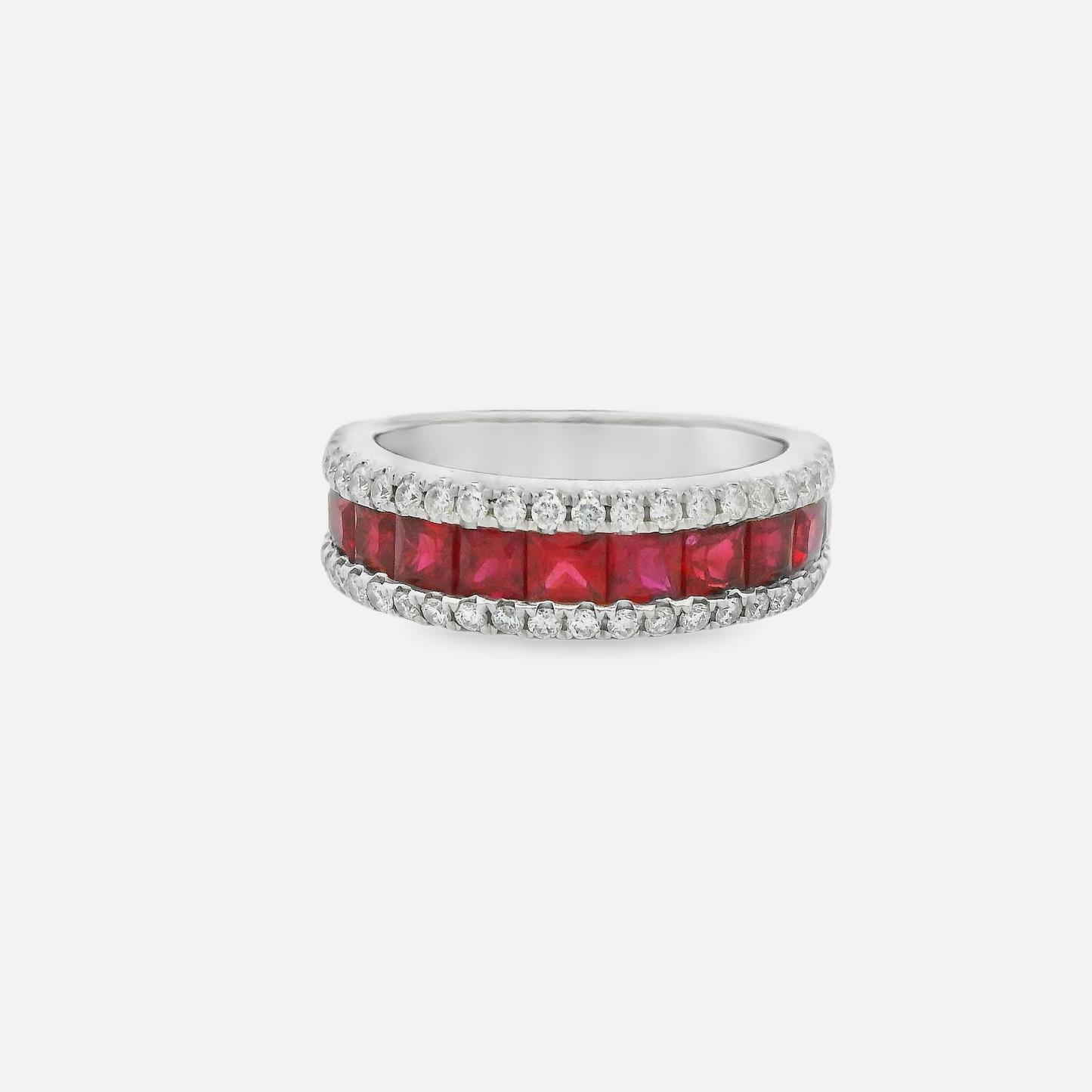 18kt White Gold Eternity Band with Square Step-Cut Rubies and diamonds