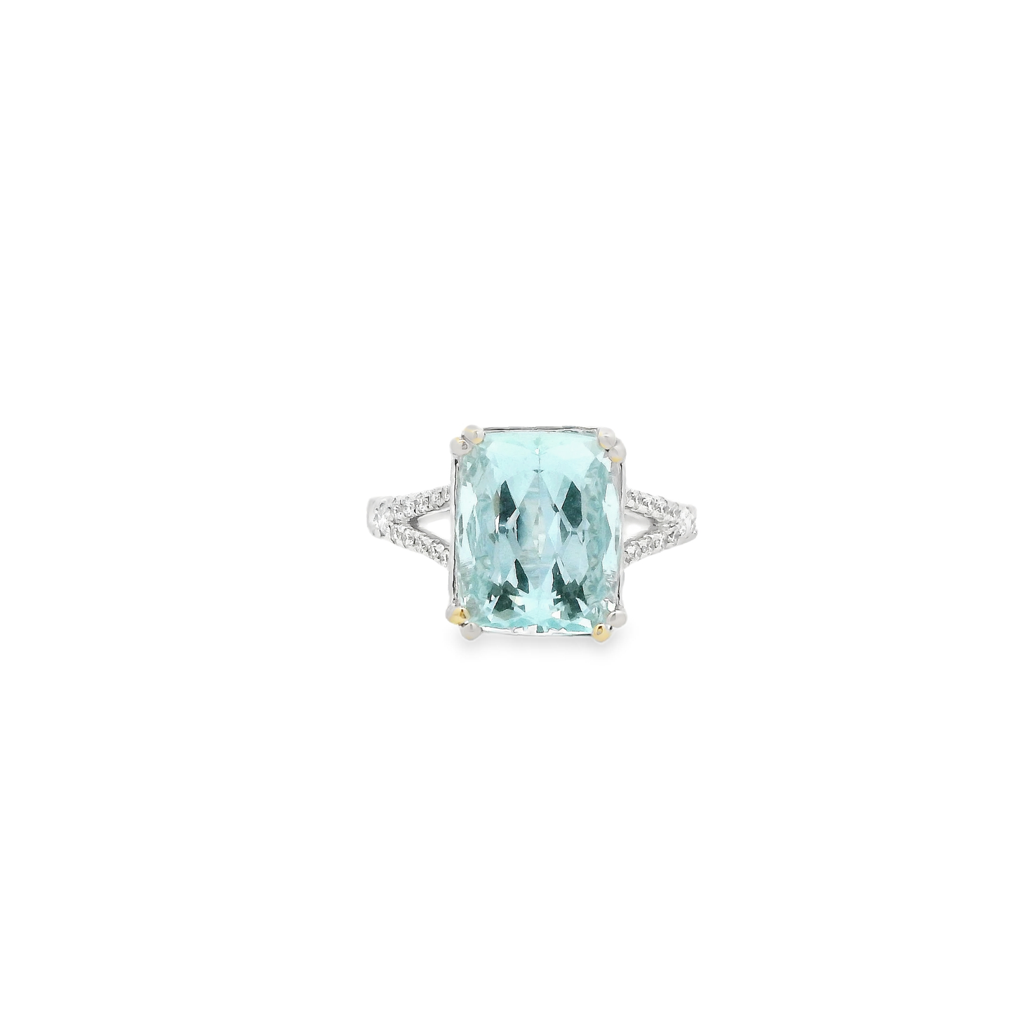 18kt White Gold Ring with Emerald-Cut Aquamarine and split shank diamond mouting.