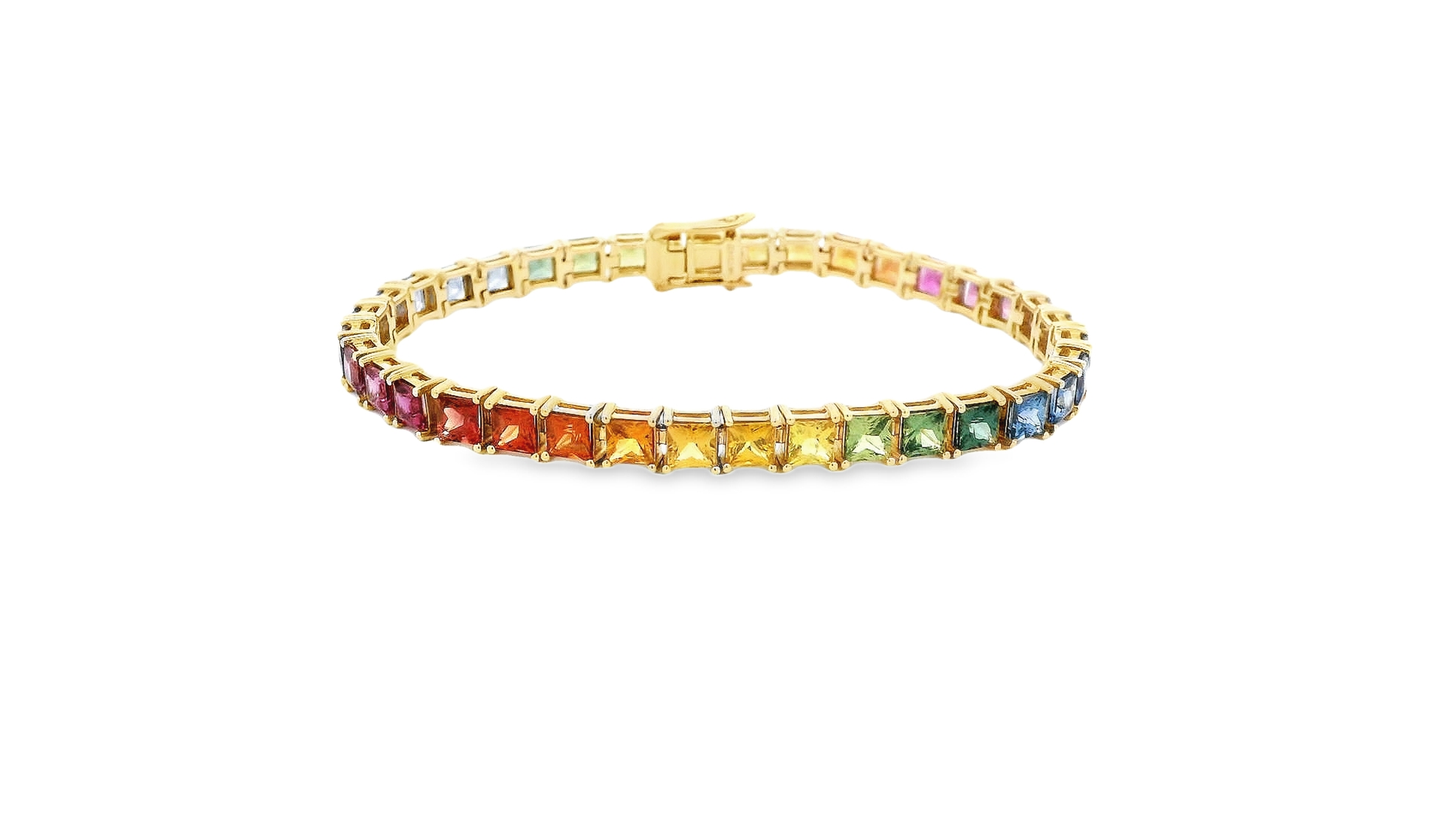 18 kt Gold Tennis Bracelet with Multi-Colored Square Cut Sapphires