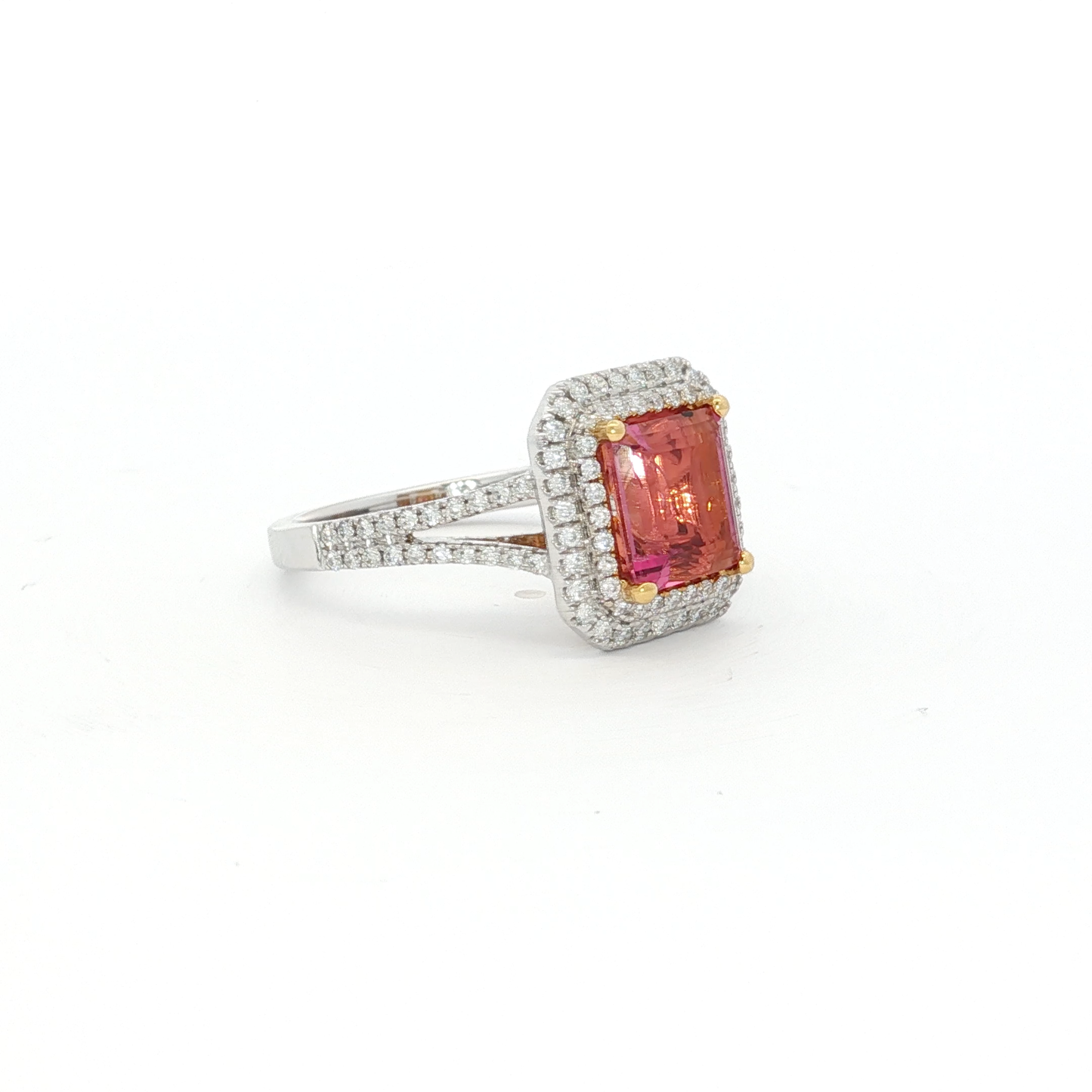 18kt-two-tone-ring-with-emerald-cut-rubilite-and-diamond-halo