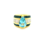 18kt yellow Gold Cocktail Ring with Pear-Shaped Aquamarine, sapphire and baguettes.