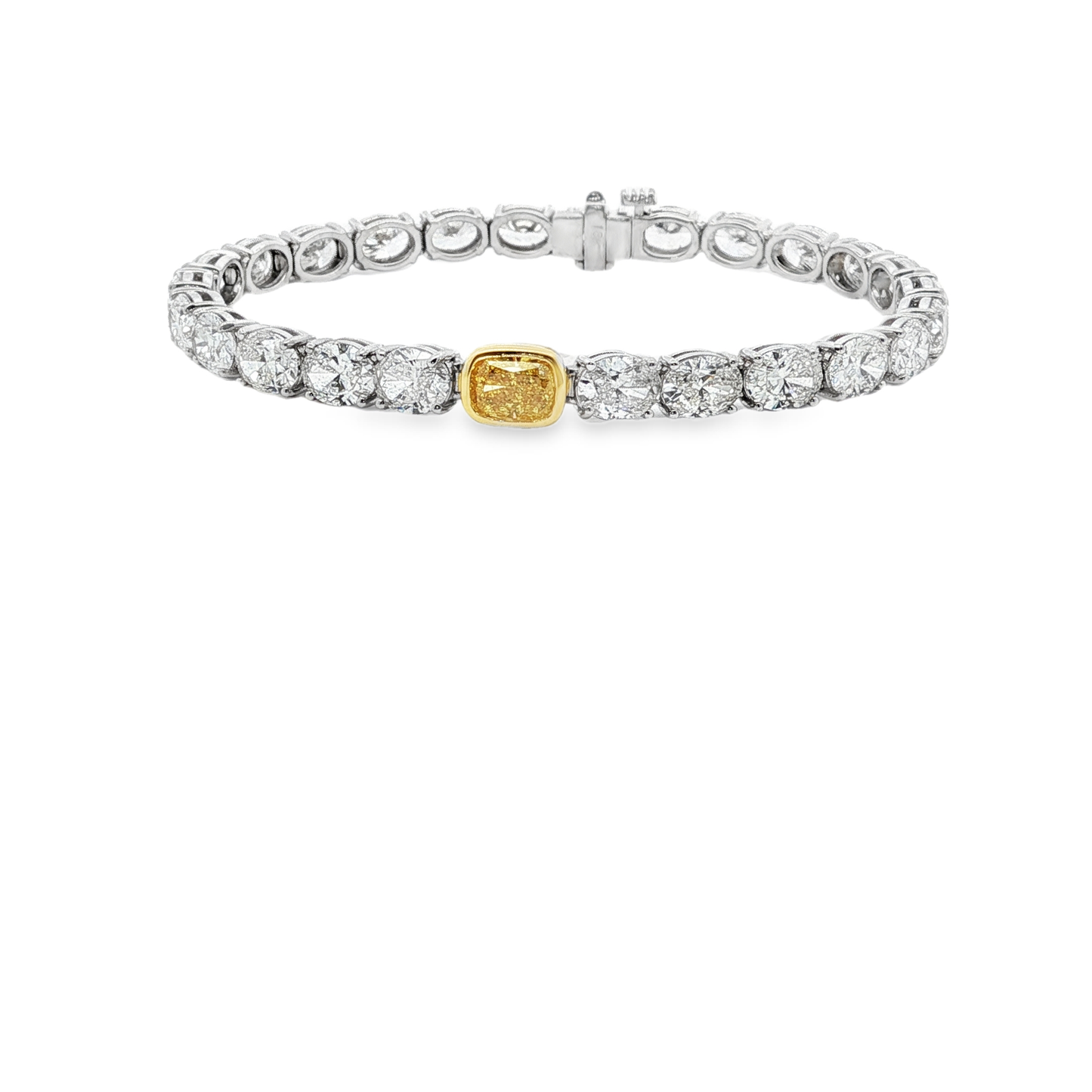 18K White Gold Tennis Bracelet, 12.72ct GH Ovals with 0.90 Vivid Yellow Cushion Cut Diamond