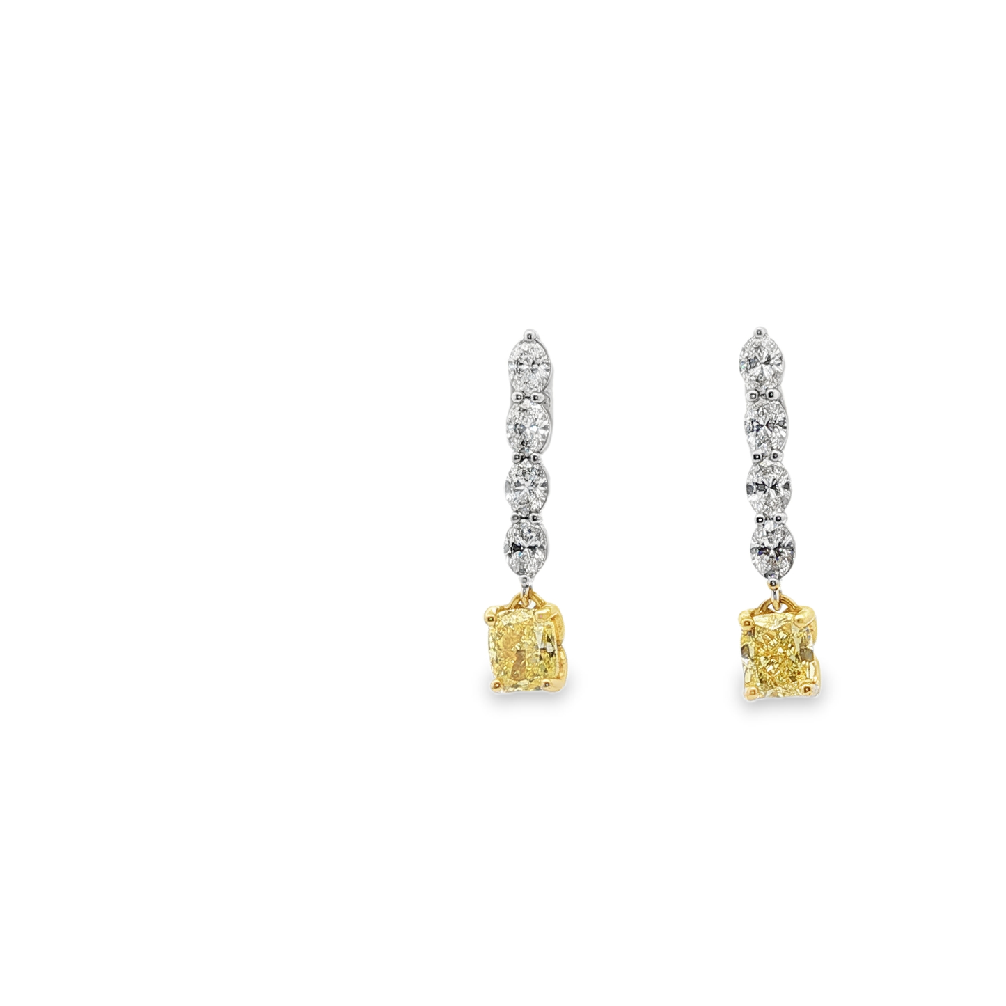one of a kind matching Fancy Intense Yellow Cushion Cut Diamond Drop Earrings in 18K White Gold