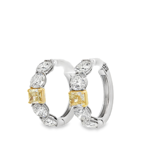 18K White Gold Hoop Earrings with Brilliant Round Diamonds and matching Fancy Intense Yellow Radiant cut Diamonds