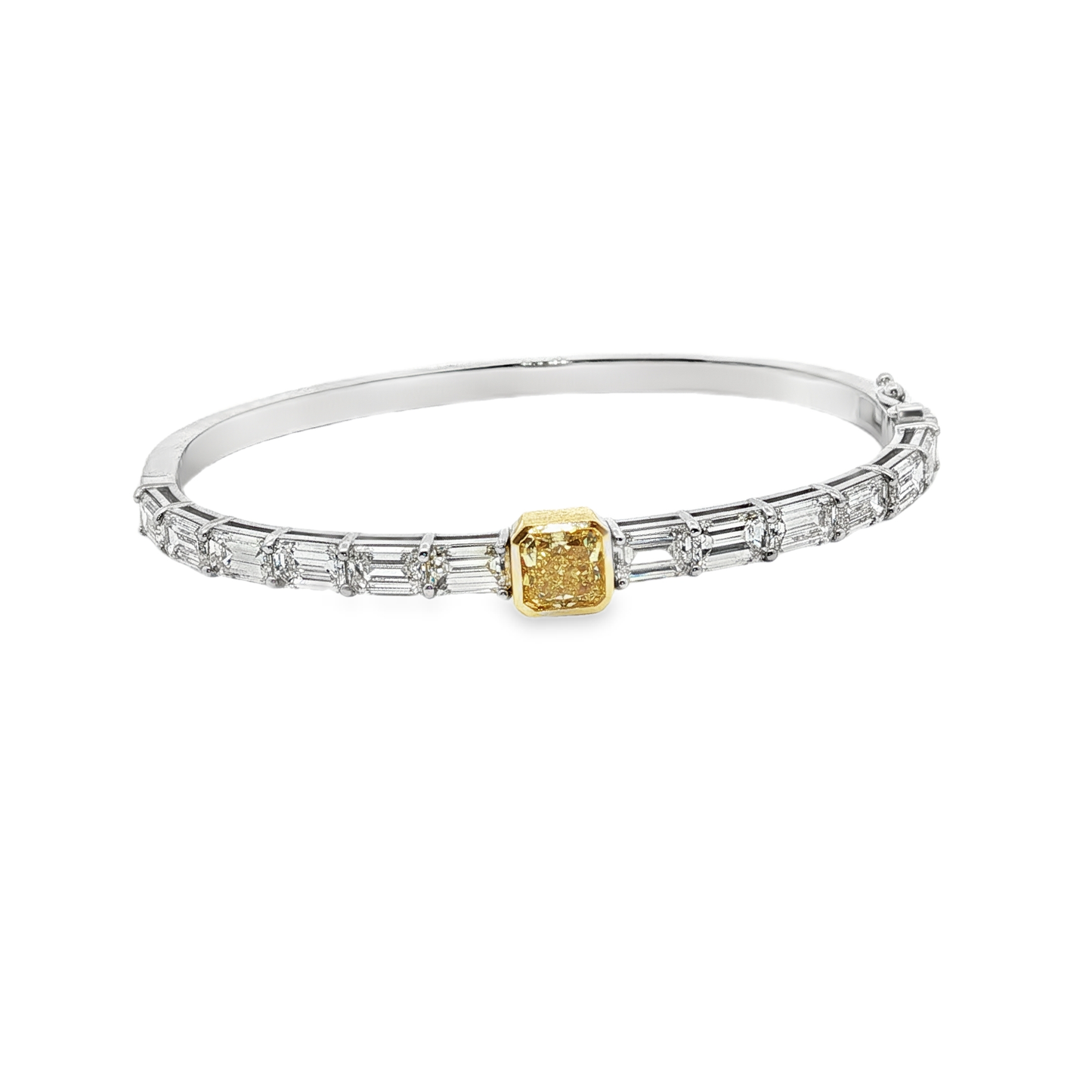 14K White Gold Bangle Featuring a 1.53 Fancy Intense Yellow GIA Yellow Radiant-Cut Diamond