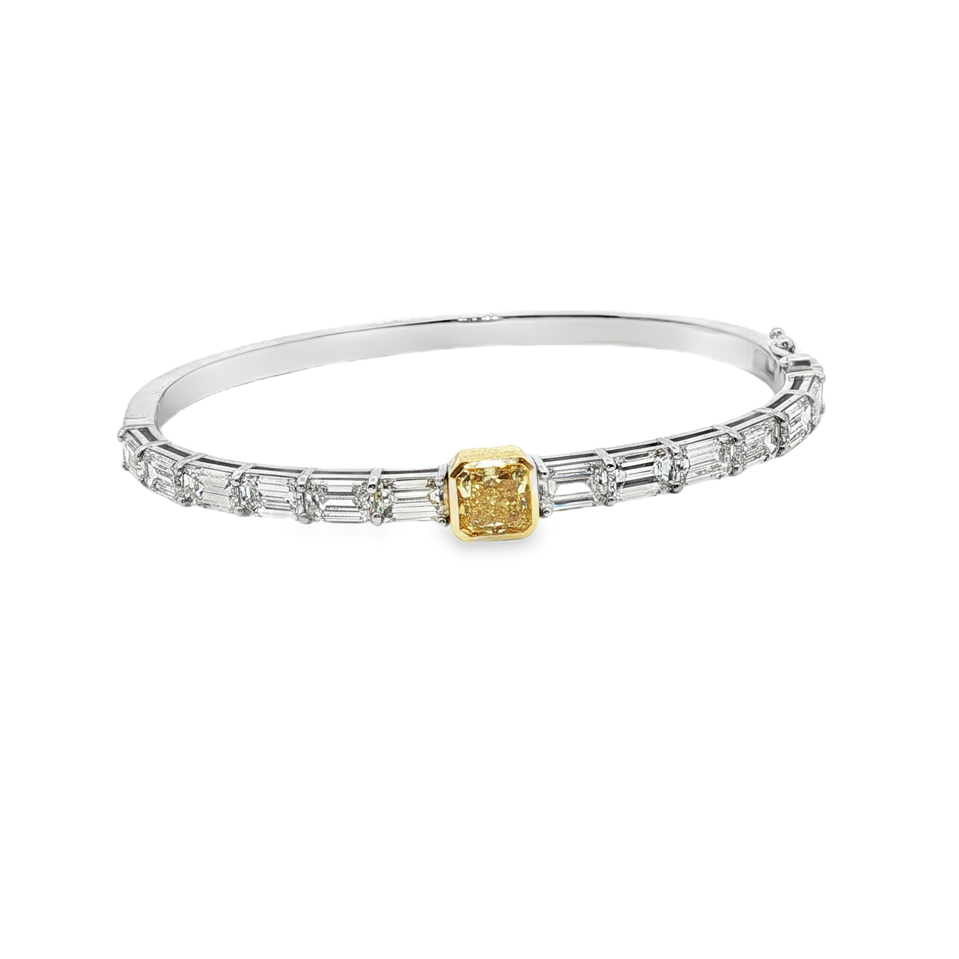 14K White Gold Bangle Featuring a 1.53 Fancy Intense Yellow GIA Yellow Radiant-Cut Diamond