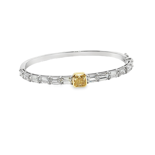 14K White Gold Bangle Featuring a 1.53 Fancy Intense Yellow GIA Yellow Radiant-Cut Diamond