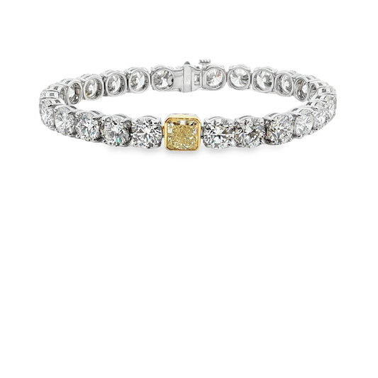 18KWG Tennis Bracelet with 26CT Brilliant-Cut Diamonds and a 1.72 Fancy Yellow Diamond