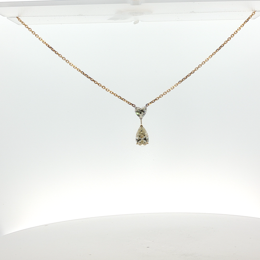 Yellow Gold Necklace with Heart shape and  Pear Cut Diamond Pendant
