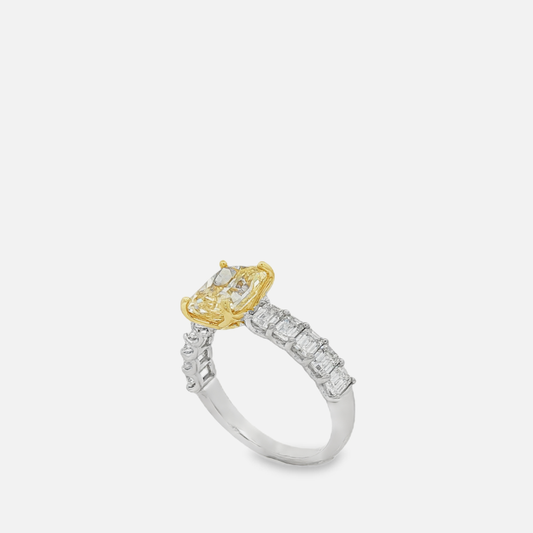 amazing one of a kind 2.12 Fancy B Yellow, VVS1,  Radiant Cut Diamond Ring with white EM side stones in 18K White Gold