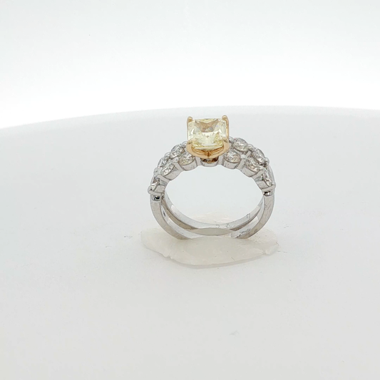 one of a kind 18K White Gold Ring and band with 1.51 Radiant VVS2 Fancy Yellow Diamond and 13 stones ( 1.49CT )