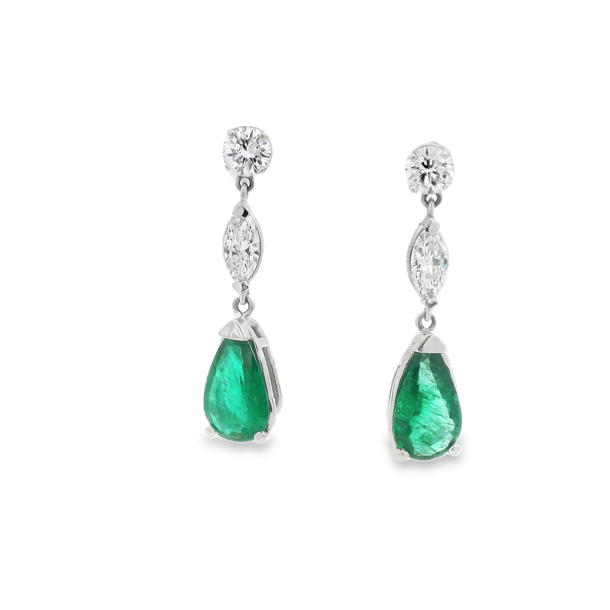 14k White Gold Diamond and Emerald Drop Earrings
