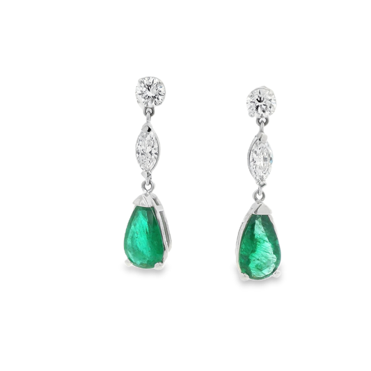 14k White Gold Diamond and Emerald Drop Earrings
