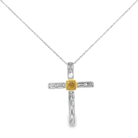 White Gold Diamond Cross Pendant Necklace with  0.76 Fancy intense Yellow Diamond