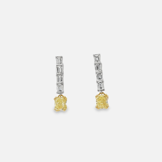 one of a kind matching set of Fancy Intense  Yellow Cushion Cut Diamond Dangle Earrings in White Gold