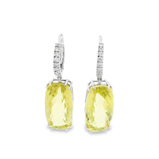 14kt White Gold Dangle Earrings with Cushion Lemon Quartz