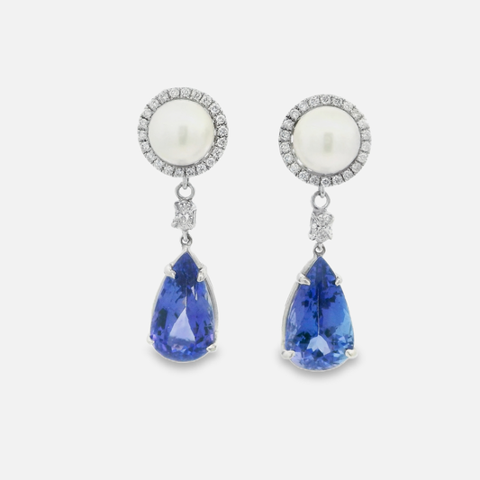 14kt White Gold pearl and diamond drop earrings with a Pear shaped Tanzanite