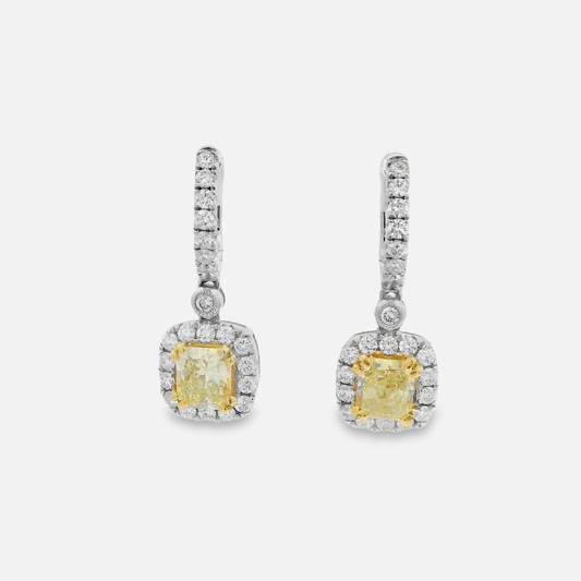 White Gold Dangle Earrings with Cushion-Cut Fancy Yellow Diamonds