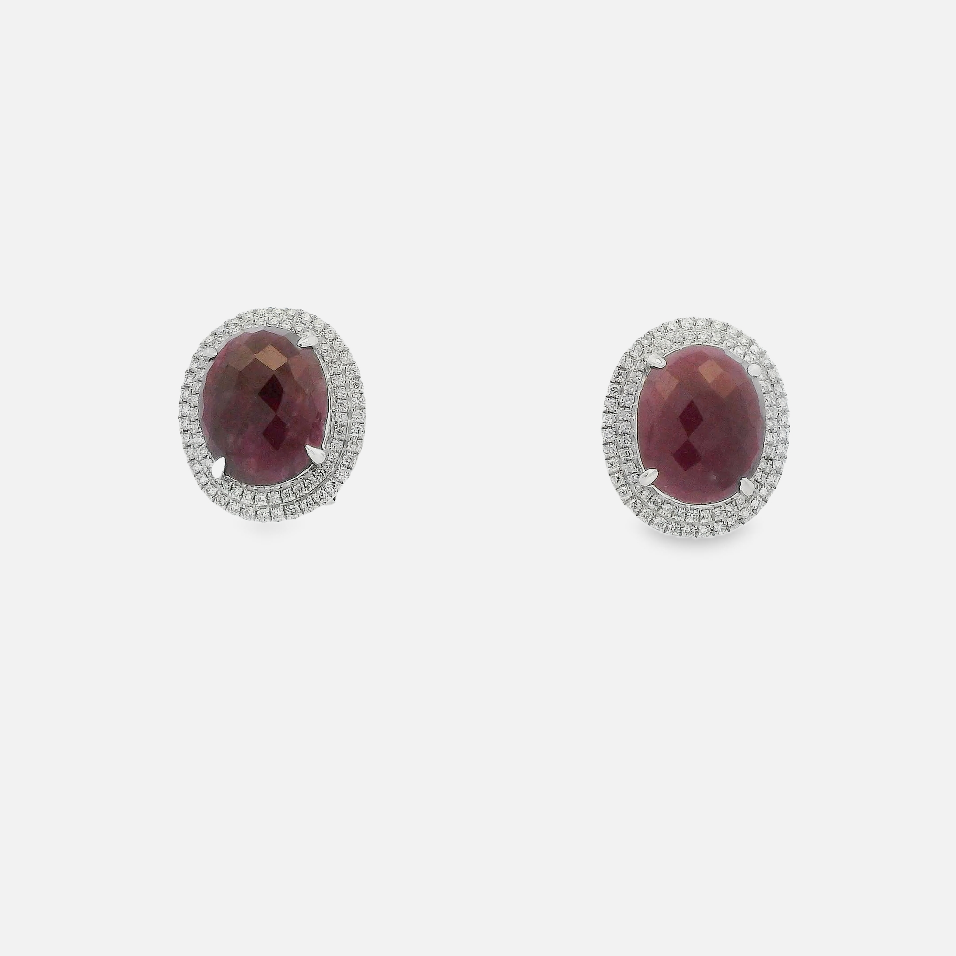 14kt white gold Stud Earrings with Oval Ruby Cabochons