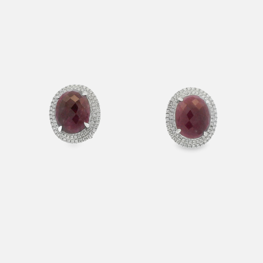 14kt white gold Stud Earrings with Oval Ruby Cabochons
