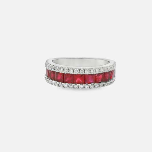 18kt White Gold Eternity Band with Square Step-Cut Rubies and diamonds