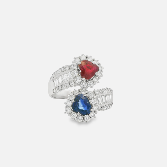14 kt White Gold Ring with Pear-Shaped Ruby & Sapphire
