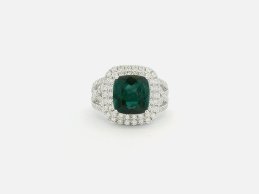 14 kt White Gold Cocktail Ring with Cushion-Cut Green Tourmaline