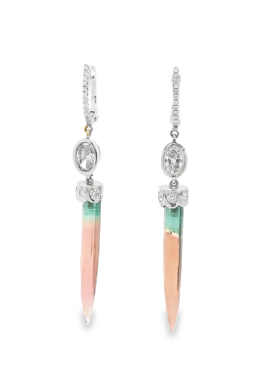 14kt White Gold Dangle Earrings with Diamond and Watermelon Tourmaline