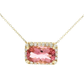 14kt rose gold Necklace with Emerald-cut pink Tourmaline and diamond halo.