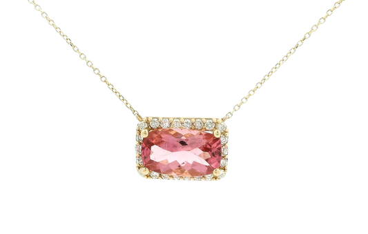 14kt rose gold Necklace with Emerald-cut pink Tourmaline and diamond halo.