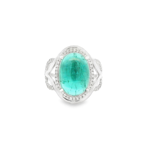 14 kt White Gold Cocktail Ring with Green Tourmaline Cabochon
