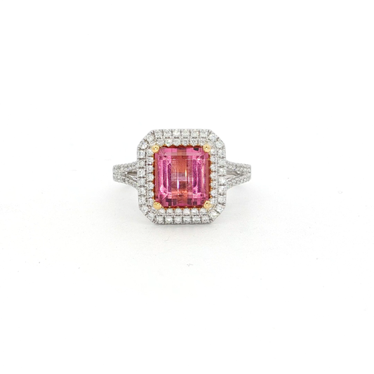 18kt two tone Ring with Emerald-Cut Rubilite and diamond halo