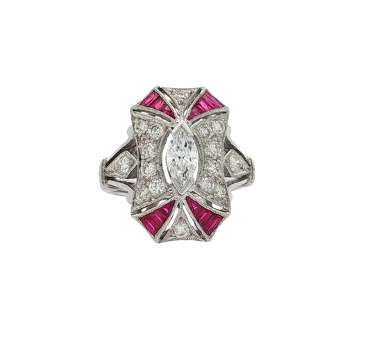 18kt White Gold Ring with Marquise Diamond and Step-Cut Ruby Accents