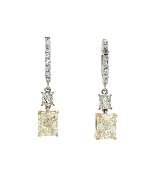 14kt two tone Gold Dangle Earrings with Radiant cut Fancy yellow