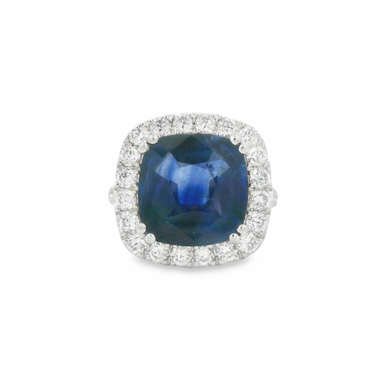 Royal Blue Cushion-Cut Sapphire Cocktail Ring in platinum.