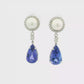 14kt White Gold pearl and diamond drop earrings with a Pear shaped Tanzanite