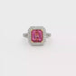 18kt two tone Ring with Emerald-Cut Rubilite and diamond halo