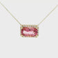14kt rose gold Necklace with Emerald-cut pink Tourmaline and diamond halo.