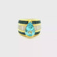 18kt yellow Gold Cocktail Ring with Pear-Shaped Aquamarine, sapphire and baguettes.
